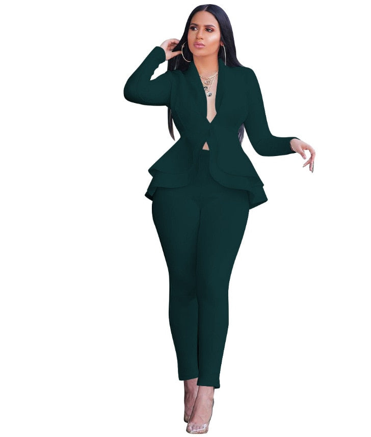 2021 new hot-selling fashion women&#39;s suit ruffled blouse printed trousers elegant temperament 2-piece commuter office lady suit - kmtell.com
