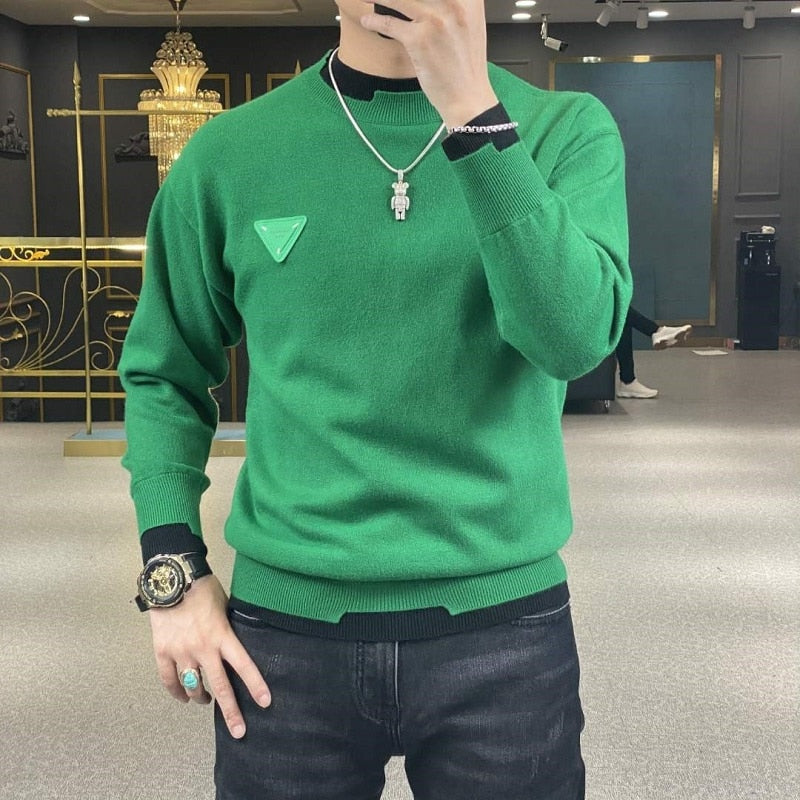 Autumn Winter Casual Men&#39;s Sweater Long Sleeve Slim Knitted Pullovers Fashion Contrast Crew Neck Knitted Pullover Men Clothing - kmtell.com
