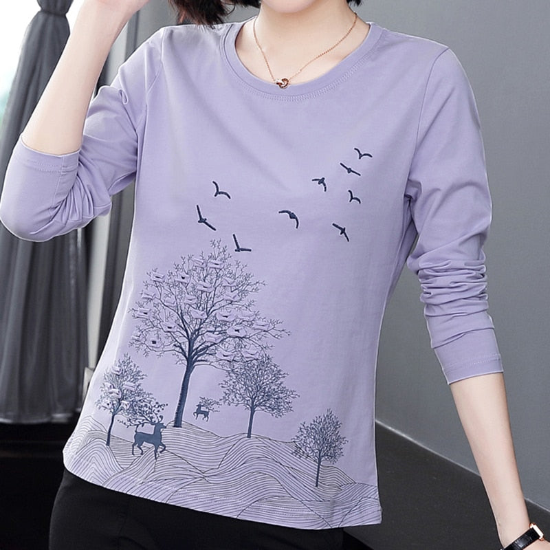 Shintimes Spring Woman Clothes Embroidery Patchwork Long Sleeve T Shirt Women 2022 Fall T-Shirt Loose Cotton Tee Shirt Femme - kmtell.com