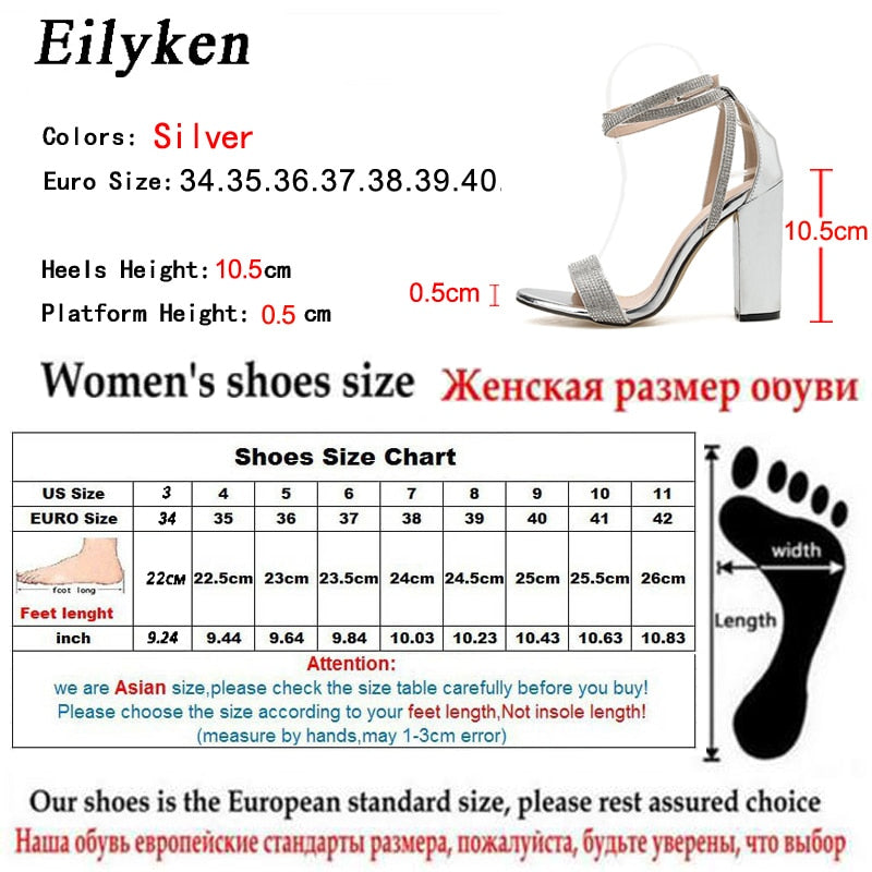 Eilyken Silver Bling Crystal Sexy Peep Toe Women Sandals Square Heel Buckle Strap Gladiator Stiletto Wedding Rhine Stone Shoes - kmtell.com