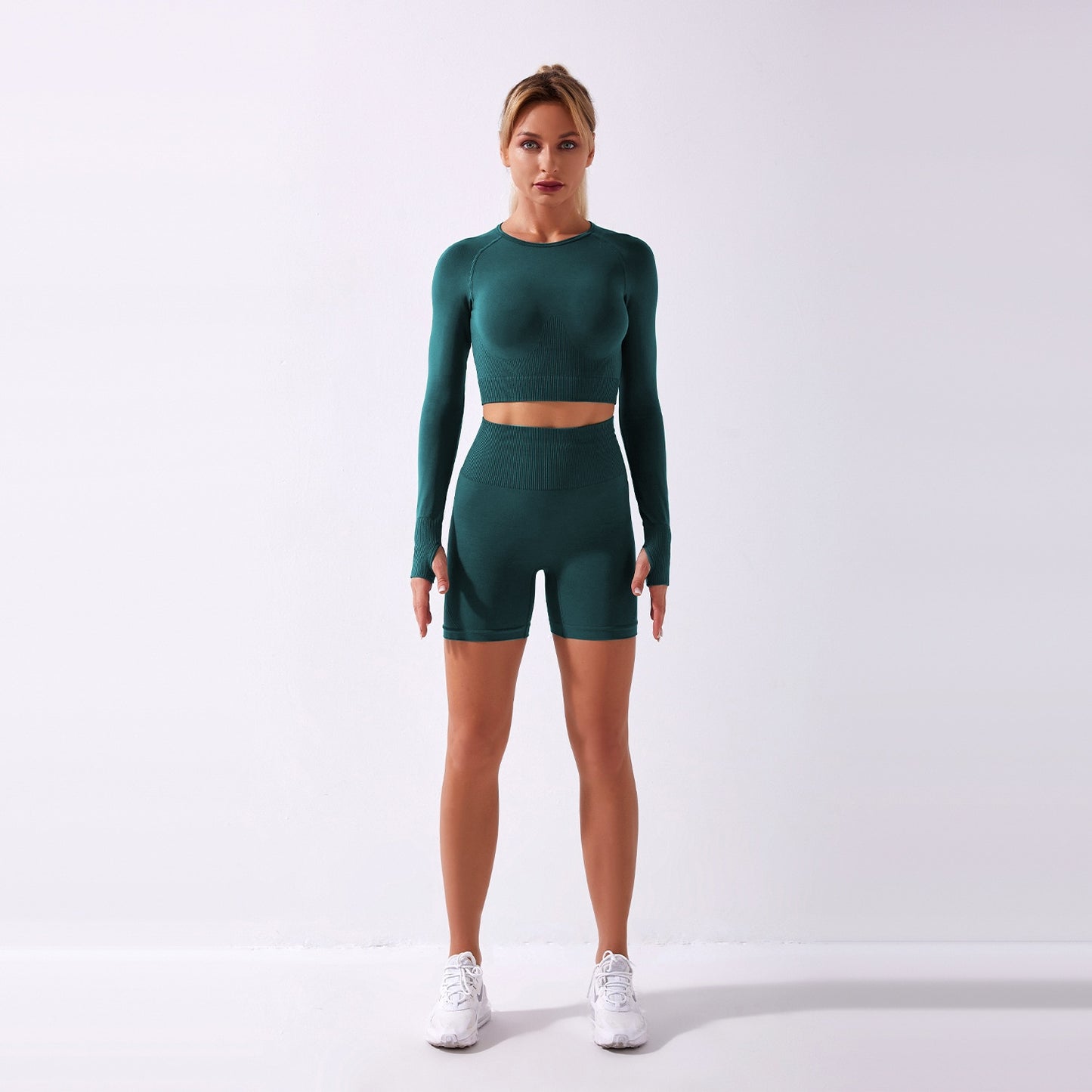 Women&#39;s Sportswear Yoga Set Workout Clothes Athletic Wear Sports Gym Shorts Seamless Fitness Long Sleeve Yoga Suit - kmtell.com