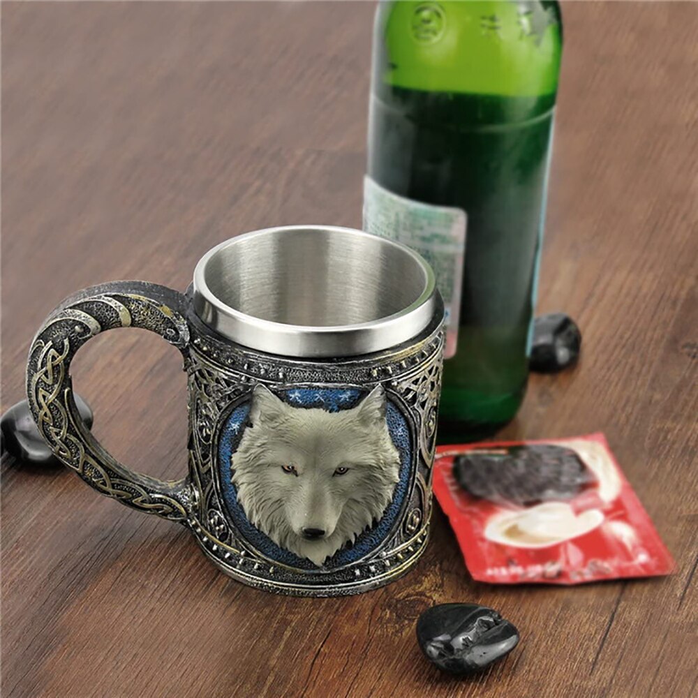 Stainless Steel Wolf Mug Creative Resin 3D Wolf Coffee Cup Medieval Beer Goblet Drinkware Mugs Creative Personalized Gifts - KMTELL