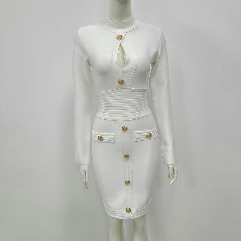 Women Spring Sexy Long Sleeve Key Hole Button White Mini Bodycon Bandage Dress 2021 Elegant Evening Party Dress Vestidos - kmtell.com