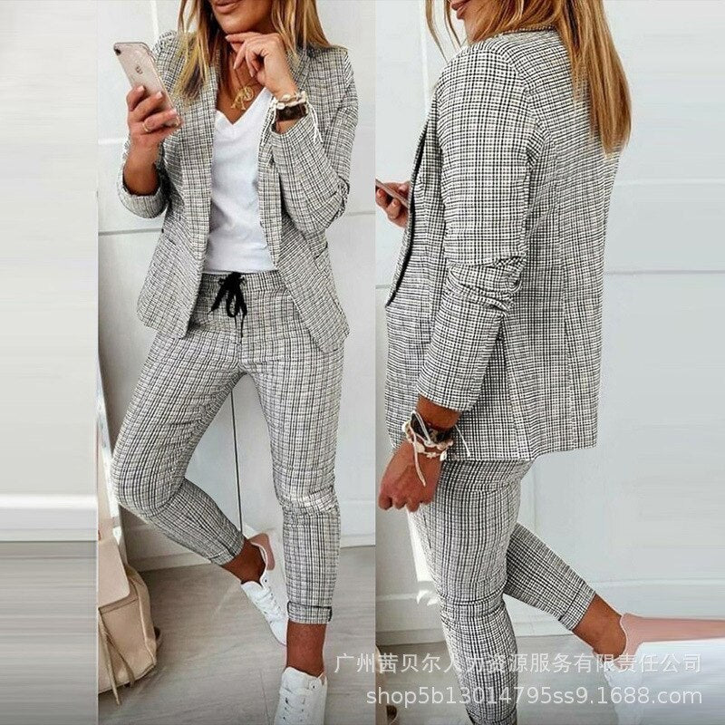 2021 Fall Women&#39;s New Products Lapel Double-breasted Blazer + Trousers Set - kmtell.com