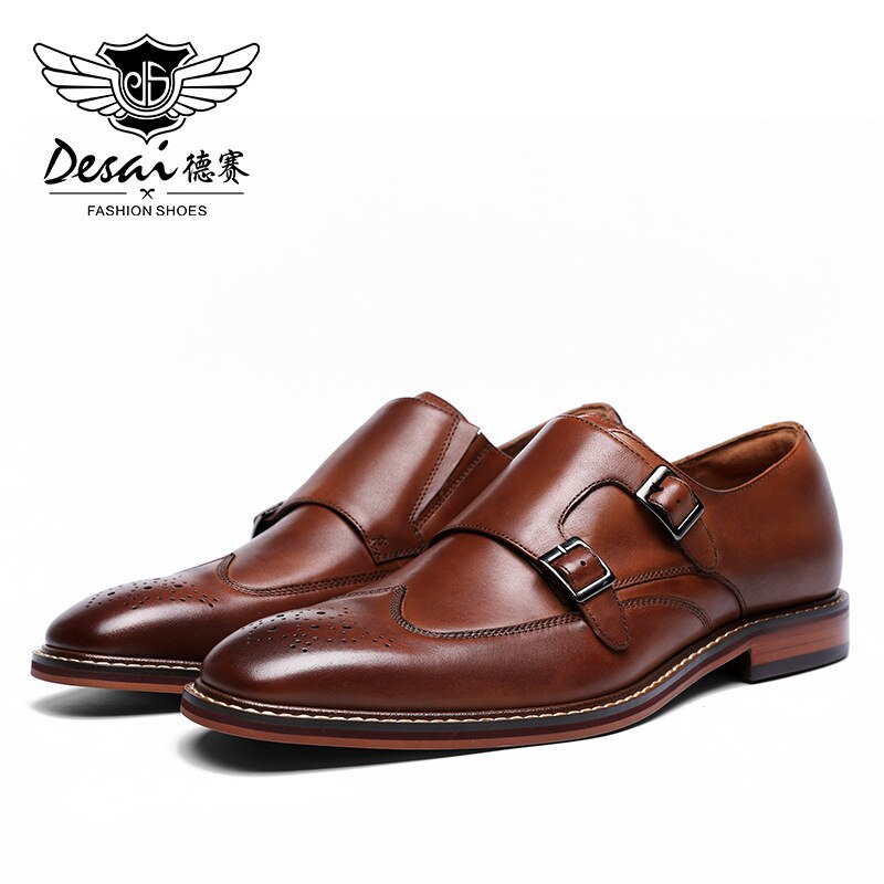 DESAI Brand Men Shoes Genuine Leather Black Brown Formal Dress Double Monk Buckle Straps Wedding Brogues Shoes Zapatos Hombre - kmtell.com