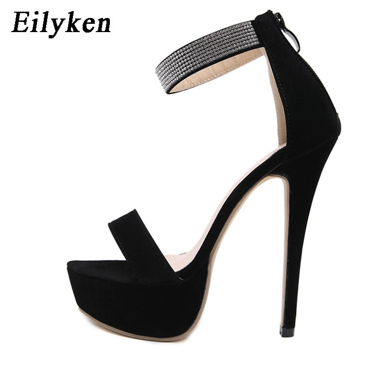 Eilyken Platform Heels Zip Sandals Women Summer High Heels Shoes Crystal Peep Toe Slides Black Zapatos Mujer Hollow Pumps - kmtell.com