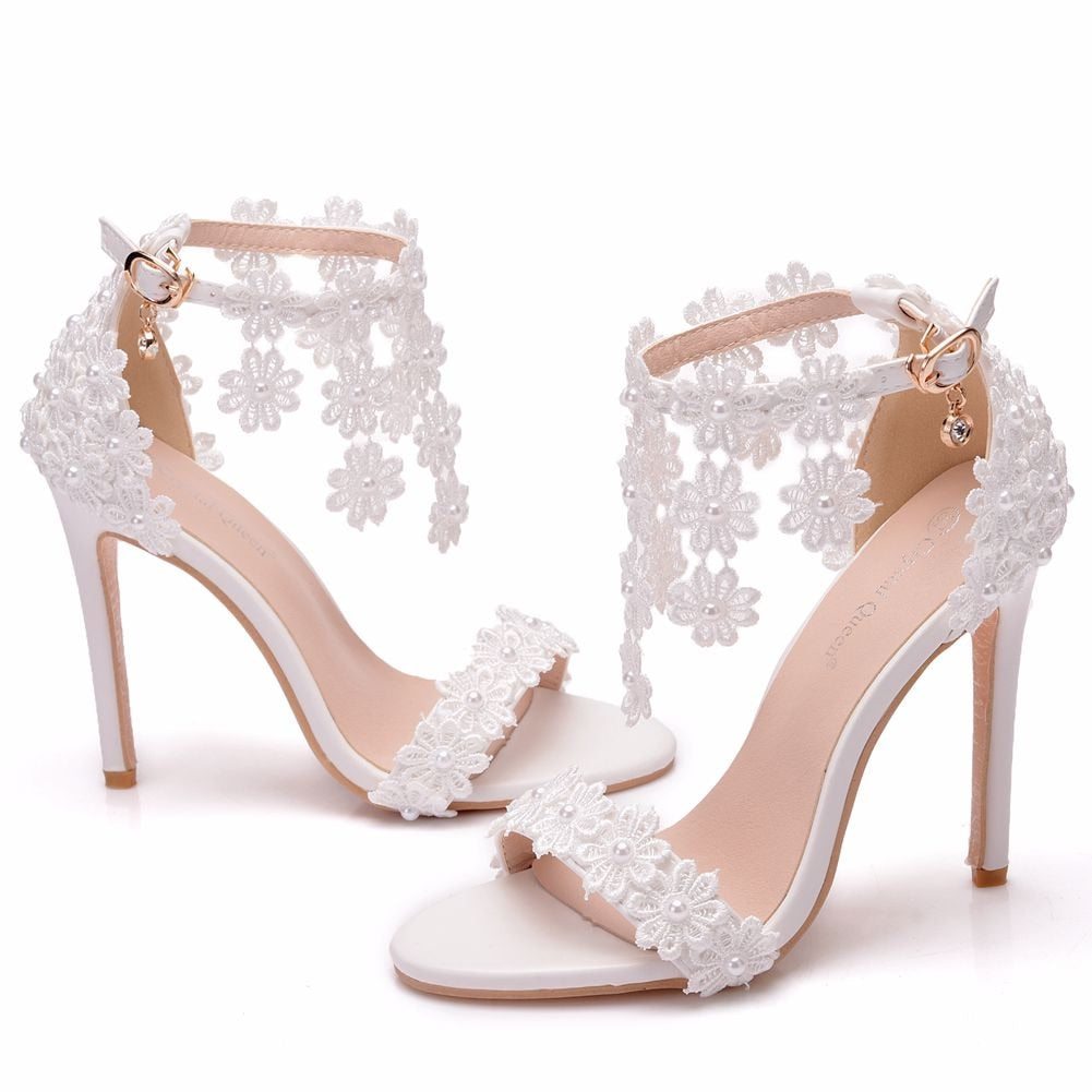 Crystal Queen Women Ankle Strap Sandals White Lace Flowers Pearl Tassel  Super Stiletto High Heels Slender Bridal Wedding Shoes - kmtell.com