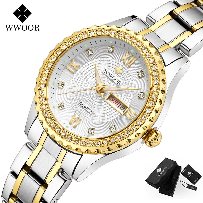 Montre Femme 2022 WWOOR Top Brand Luxury Diamond Ladies Dress Watch Gold Full Steel Quartz Bracelet Watch For Women Reloj Mujer - KMTELL