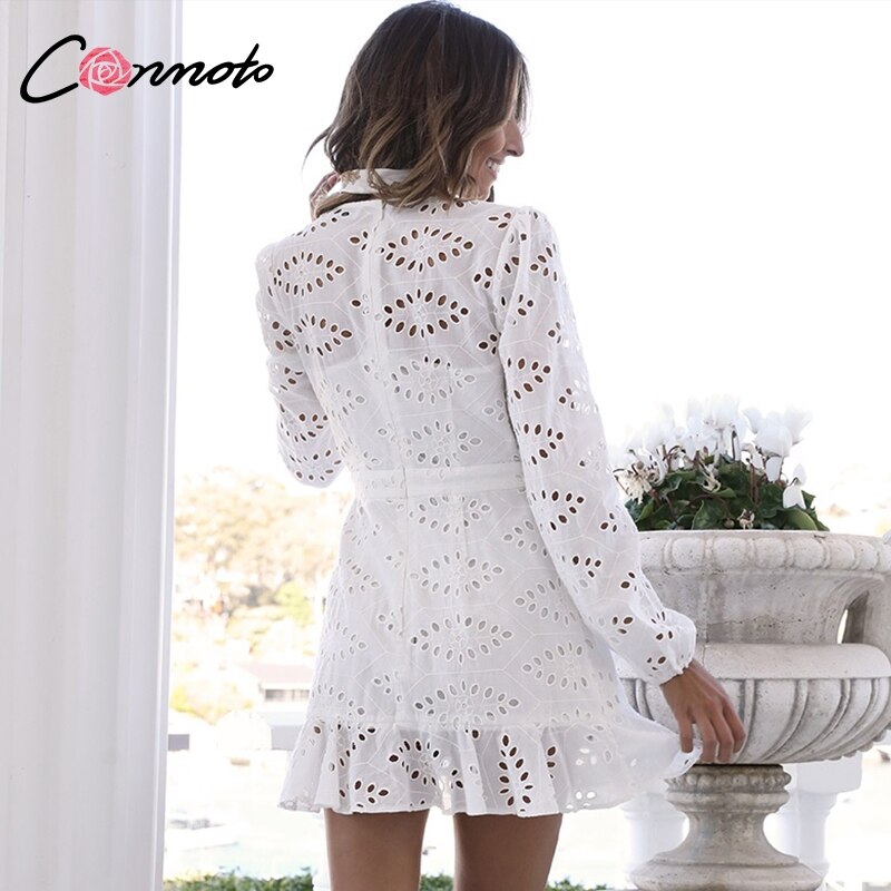 Conmoto White Embroidery Short Dress Women Sexy V Neck Hollow Out Cotton Winter Dress 2019 NEW Casual Holiday Lace up Vestidos - kmtell.com