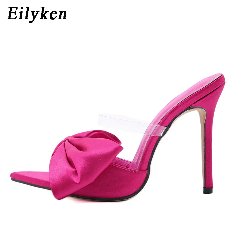 Eilyken Silk Butterfly-knot Women slippers Mule high heels Slippers Sandals flip flops Pointed toe Strappy Slides Party shoes - KMTELL