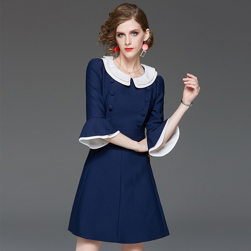 Dress women&#39;s autumn and winter Hepburn style retro temperament slim baby collar medium length A-line dresses 2020 spring - kmtell.com