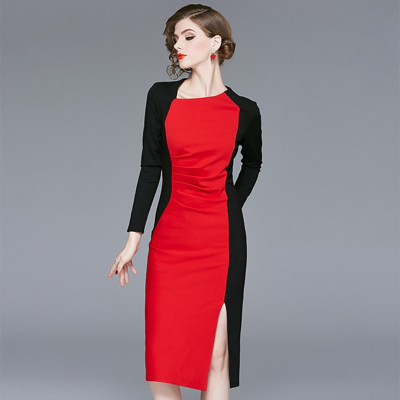 Spring 2020 women&#39;s new high-end retro dresses improved cheongsam color contrast celebrity hip long sleeve dress - kmtell.com