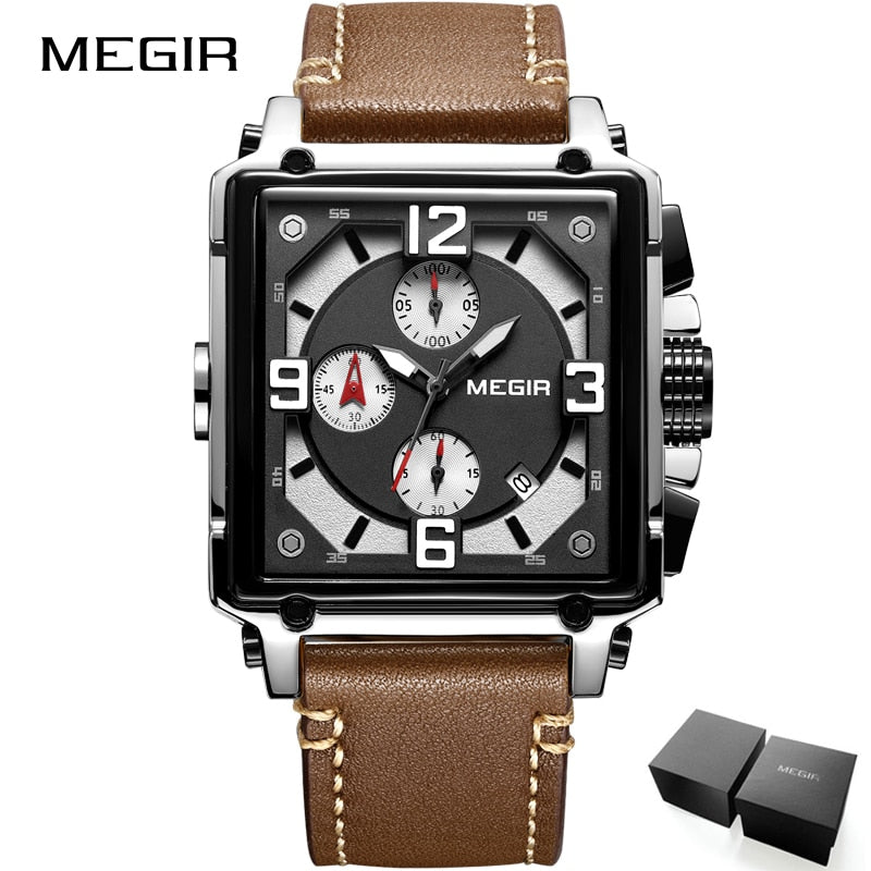 Top Brand Luxury MEGIR Creative Men Watch Chronograph Quartz Watches Clock Men Leather Sport Army Military Wrist Watch Saat 2020 - kmtell.com