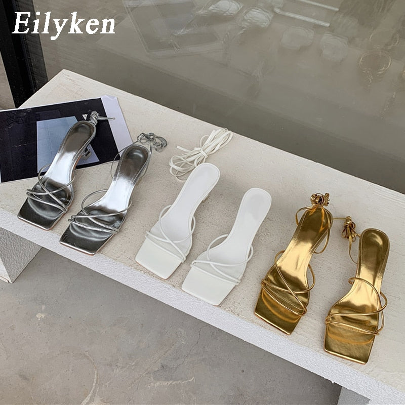 Eilyken Fashion Gold Silver Sandals Thin Low Heel Lace Up Rome Summer Gladiator Women Casual Narrow Band Shoes - kmtell.com