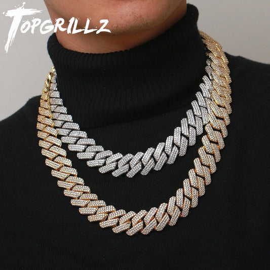 TOPGRILLZ 20 MM 3 Row Zirconia Prong Link Necklace in White Gold Iced Micro Pave CZ Cuban Chain Hip Hop Fashion Jewelry For Men - kmtell.com