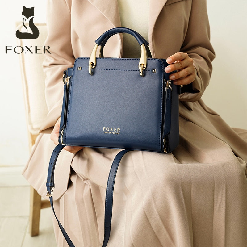 FOXER Women Cow Leather Handbag Fashion Top Handle Commute Crossbody Bag Ladies Messenger Shoulder Bag Elegant Female Tote Purse - kmtell.com
