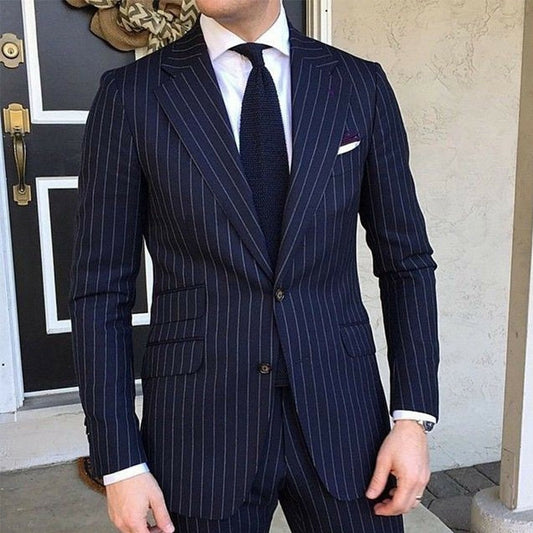 Pinstripe Slim Fit Men Suits for Formal Wedding Tuxedo Notched Lapel 2 Piece Navy Blue Striped Business Groom Male Fashion - kmtell.com