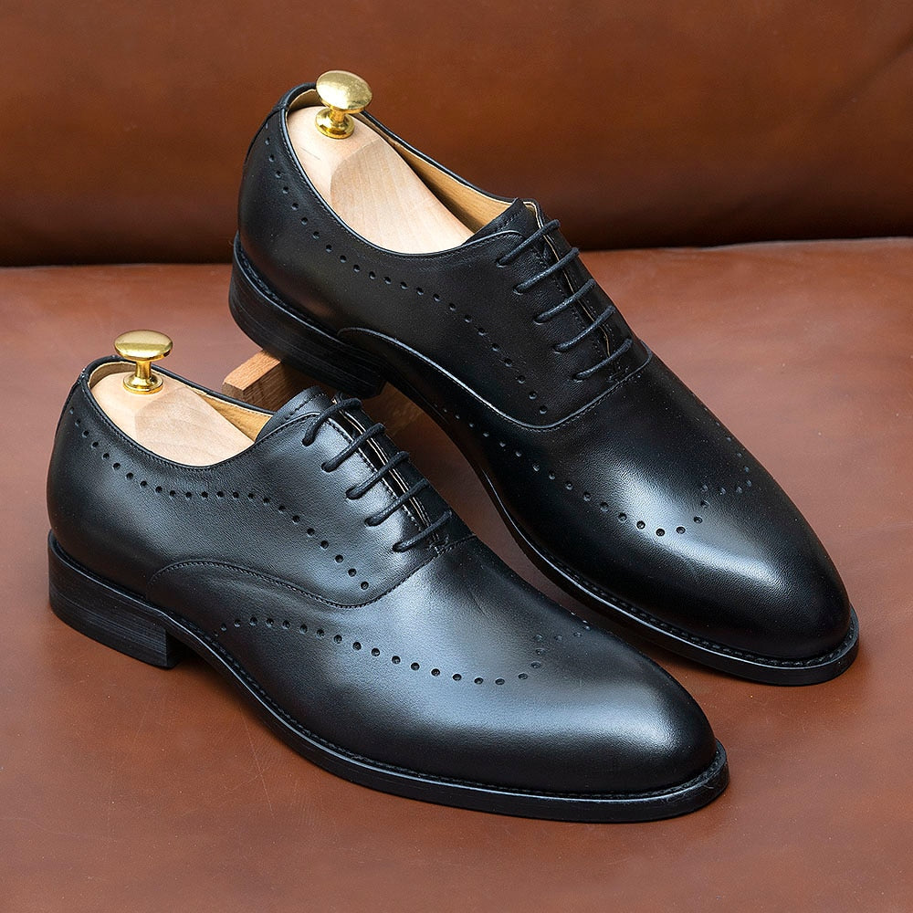 Italian Luxury Men&#39;s Dress Shoes Calf Genuine Leather Lace-Up Wingtip Black Oxford Farmal Business Office Classic Shoe for Men - kmtell.com