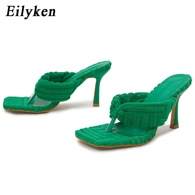 Eilyken 2023 New Arrival Summer Square toe High heels Women&#39;s Slippers Green Corduroy Outwear Femme Flip flops Mules shoes - kmtell.com