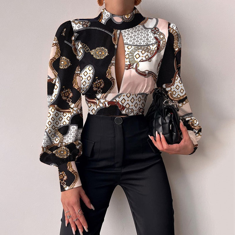 Women Sexy Backless Hollow Print Shirts Fashion Party Crop Top 2023 Spring  Casual Stand Long Sleeve Office Lady Blouses And Top - kmtell.com