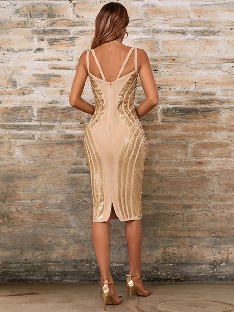 Newest Women Summer Style Sexy V Neck Backless Beige Sequins Midi Bodycon Bandage Dress 2022 Elegant Evening Party Dress - kmtell.com