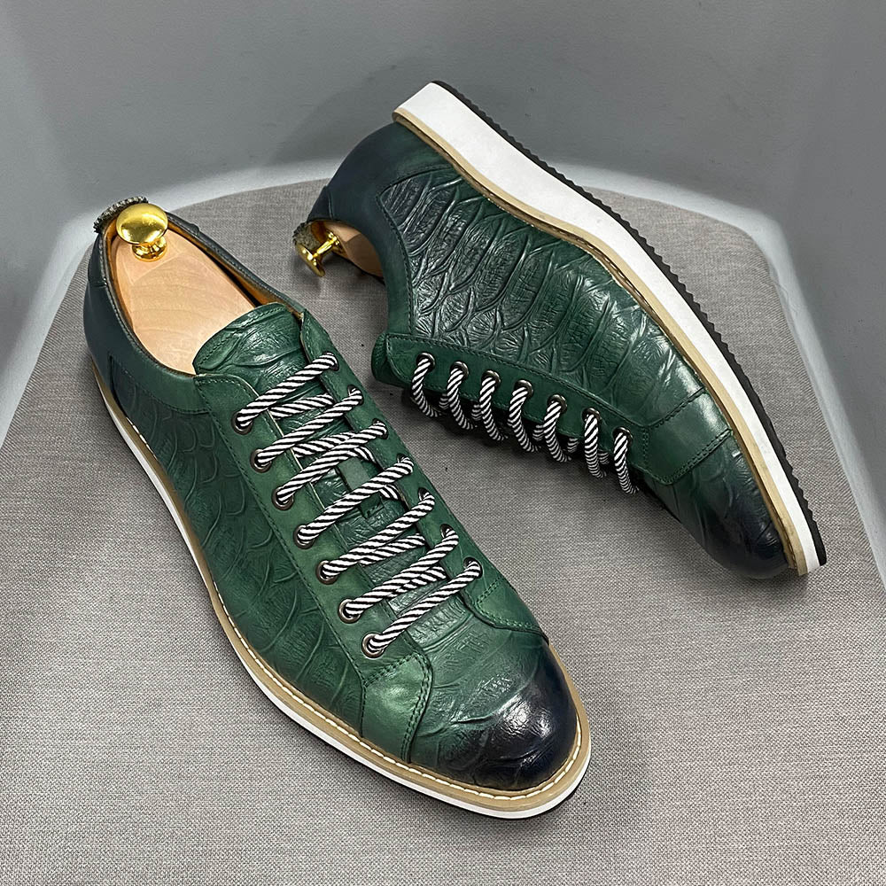 European Style Men&#39;s Casual Shoes Real Cow Leather Green Black Fashion Designer Luxury Crocodile Print Street Flat Shoes for Men - kmtell.com