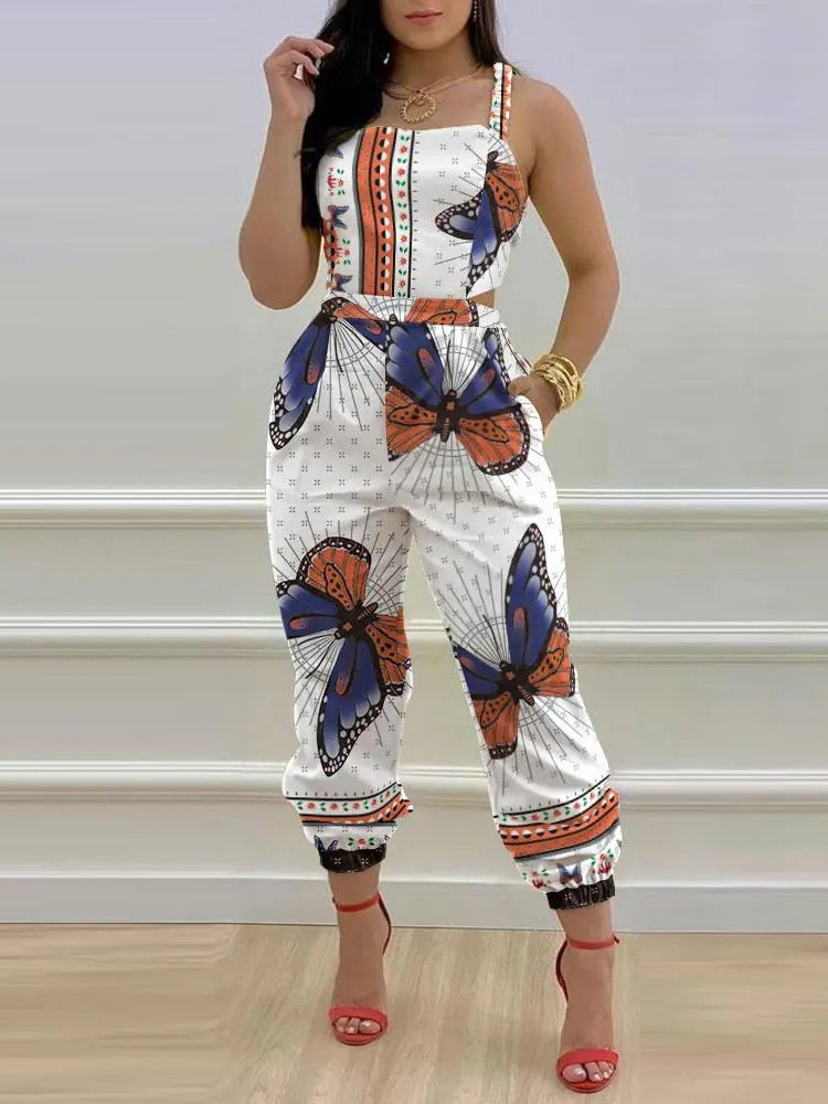 Ladies Off Shoulder Sleeveless Jumpsuit 2023 Summer Women Casual Print Rompers Streetwear Long Playsuits Overalls With Pockets - kmtell.com