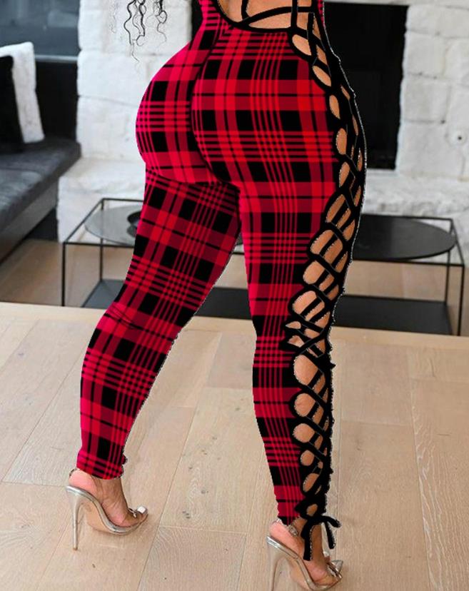Christmas Plaid Print Women&#39;s Jumpsuit 2022 Autumn Fashion Sexy Lace-Up Long Sleeve Scoop Neck Skinny Long Night Out Jumpsuit - kmtell.com