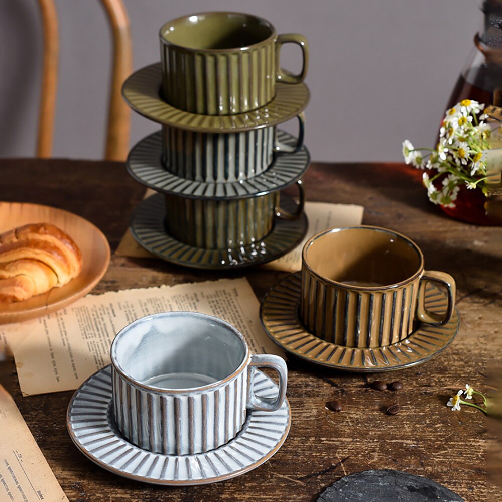 Vintage Coffee Mug Retro Style Ceramic Cups with Tray 200ml Kiln Change Clay Breakfast Dessert Bread Cup Unique Gift for Friends - KMTELL
