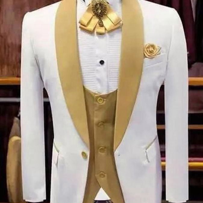 White and Gold Wedding Evening Dress Groomsman Shawl Lapel Men Suit 3PCS Costume Homme Jacket Vest and Gold  Pants - kmtell.com