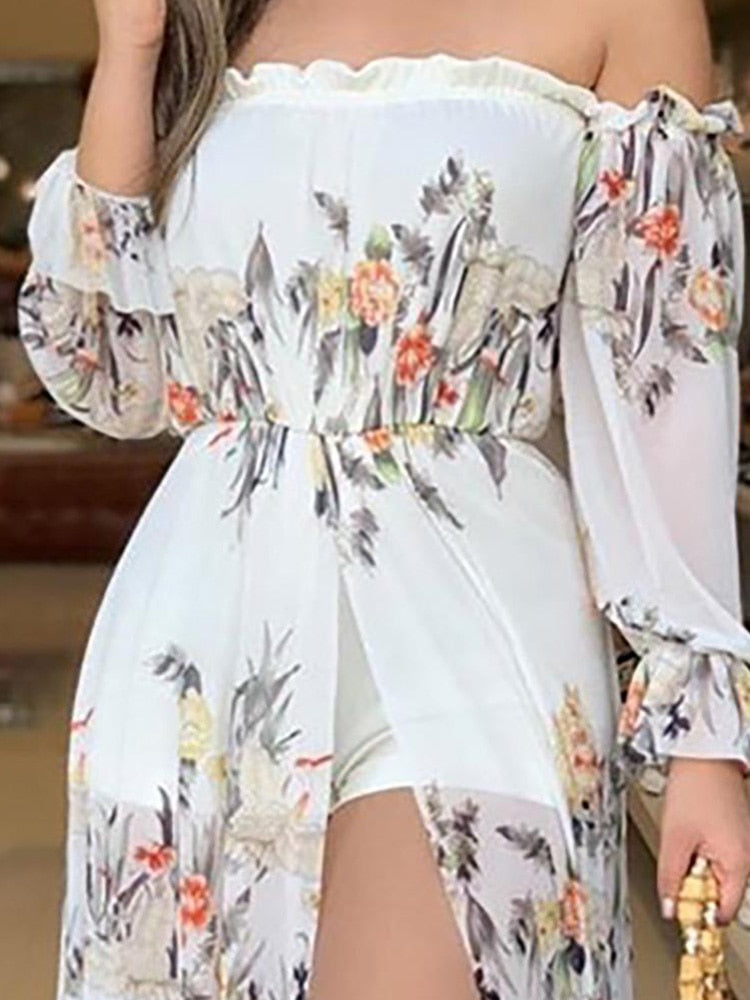Floral Print Culotte Design Thigh Slit Rompers for Women - kmtell.com