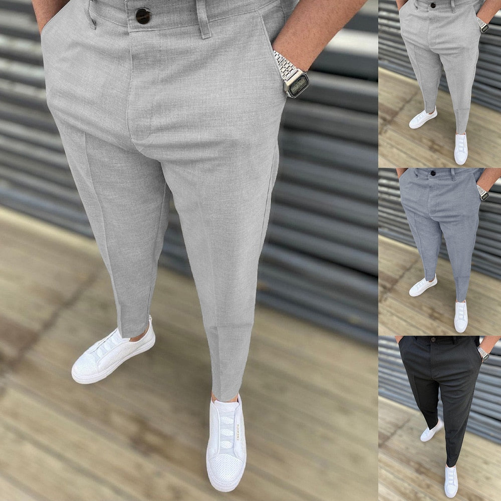 2022 Spring Summer Men&#39;s Casual Pencil Pants Thin Slim Fit Work Elastic Waist Jogging Trousers Male Black Grey Plus Size 28-40 - KMTELL
