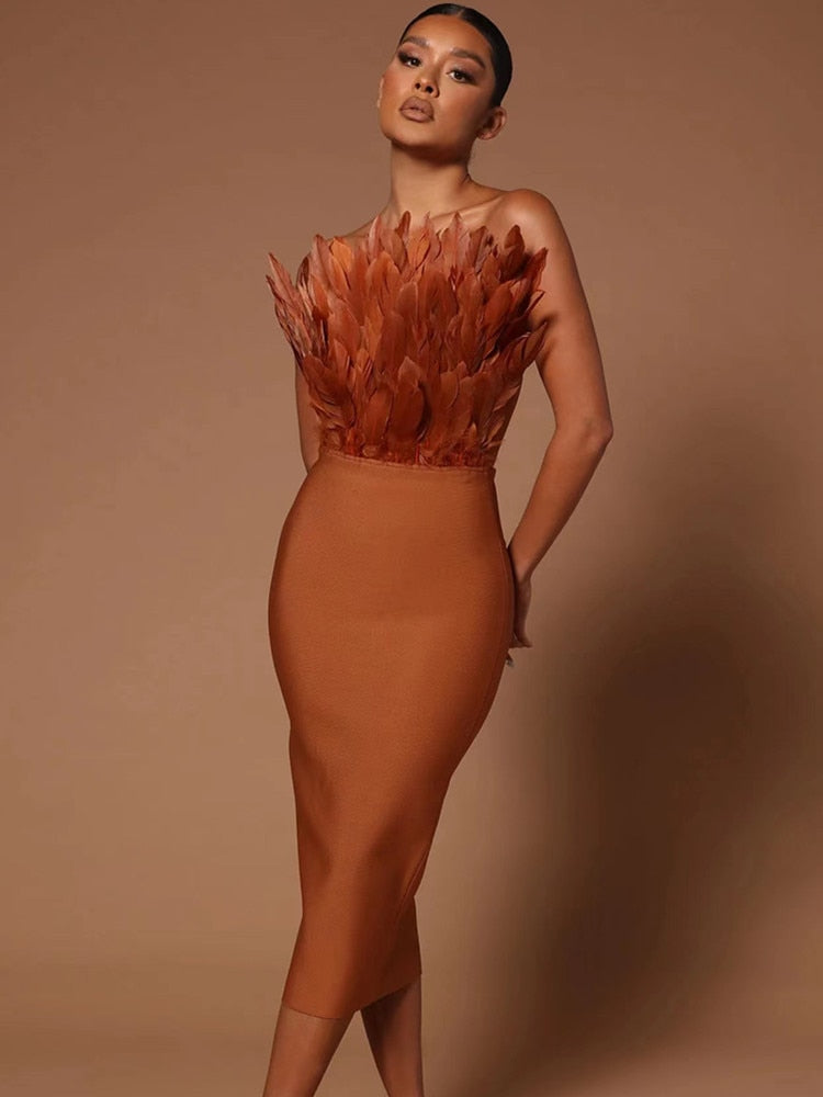 Summer Fashion Women Sexy Strapless Backless Brown Hot Pink Feather Bodycon Bandage Dress 2023 Elegant Evening Club Party Dress - kmtell.com