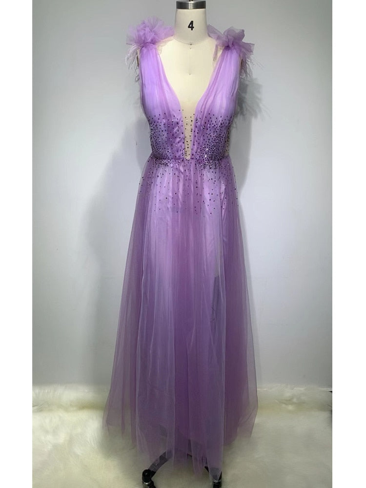 Women Summer Luxury Sexy V Neck Purple Mesh Studded Maxi Long Bodycon Dress 2022 Elegant Evening Club Party Dress - kmtell.com