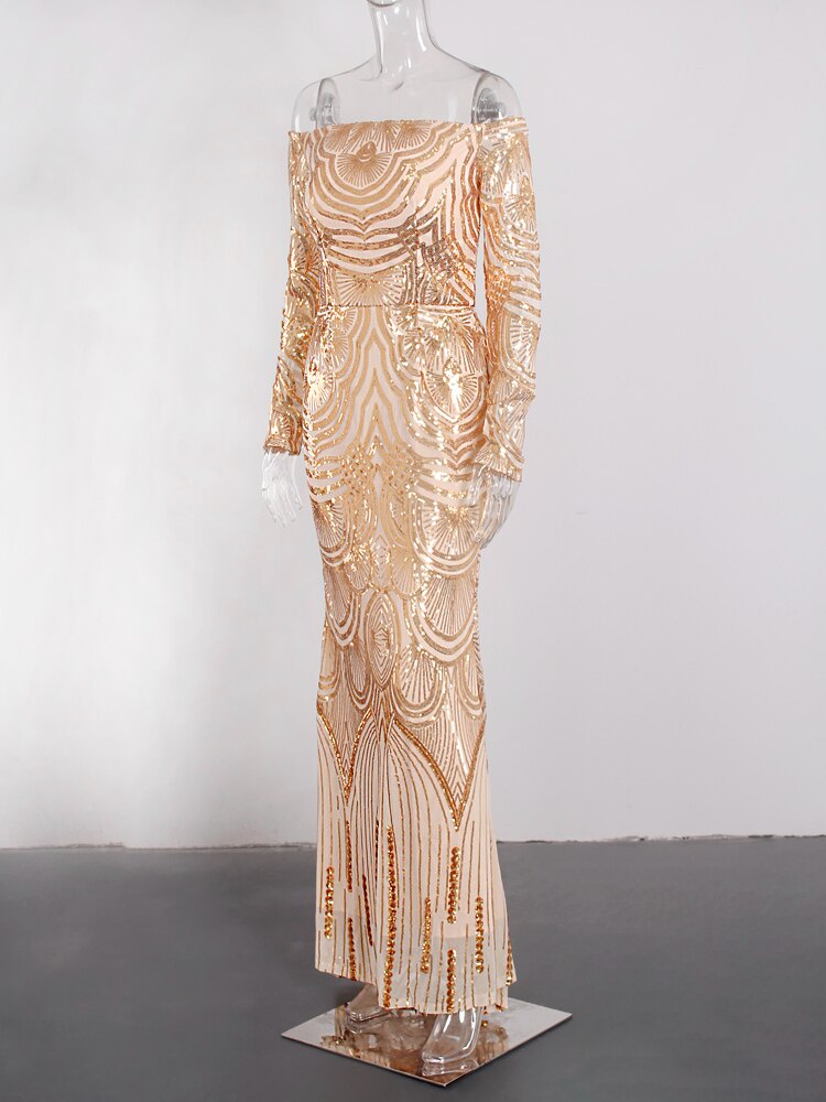 Off the Shoulder Stretch Gold Sequin Maxi Dresses Full Lining Backless Evening Night Prom Dress - kmtell.com