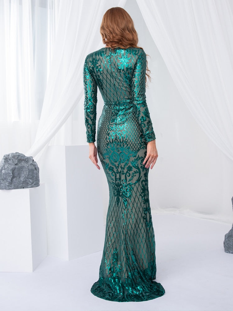 Long Sleeve Stretch Sequin Party Dress O Neck Full Lining Floor Length Evening Night Gown Emerald - kmtell.com