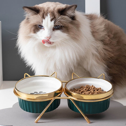 Ulmpp Cat Ceramic Bowl Pet Feede with Metal Stand Elevated Kitten Puppy Food Feeding Raised Dish Safe Non-Toxic Dog Supplies