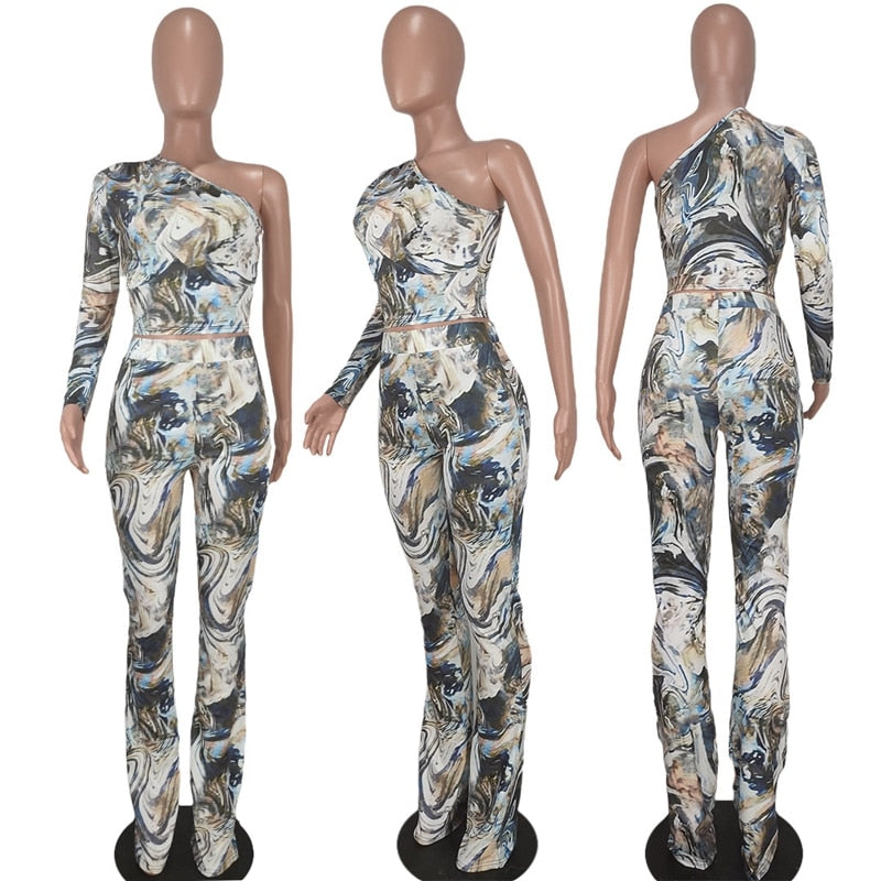 Fall Spring 2022 Two 2 Piece Set Women Outfits Co Ord Set Women Going Out One Shoulder Crop Top and Pants Suit Matching Set Club - kmtell.com