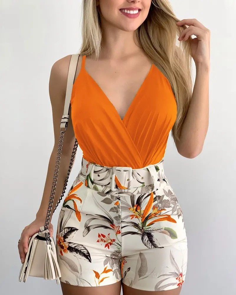 2022 Summer Women&#39;s Two-piece Fashion Beach Style Holiday Style Solid Color Printing Casual Sexy Two-piece Set - kmtell.com