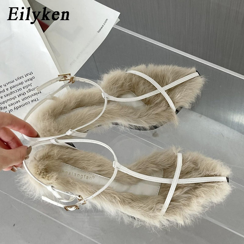 Eilyken 2023 New Brand Plush Fur Fuzzy Sandals Women Square Heels Fashion Pointed Toe Ankle Buckle Strap Slides Shoes - kmtell.com