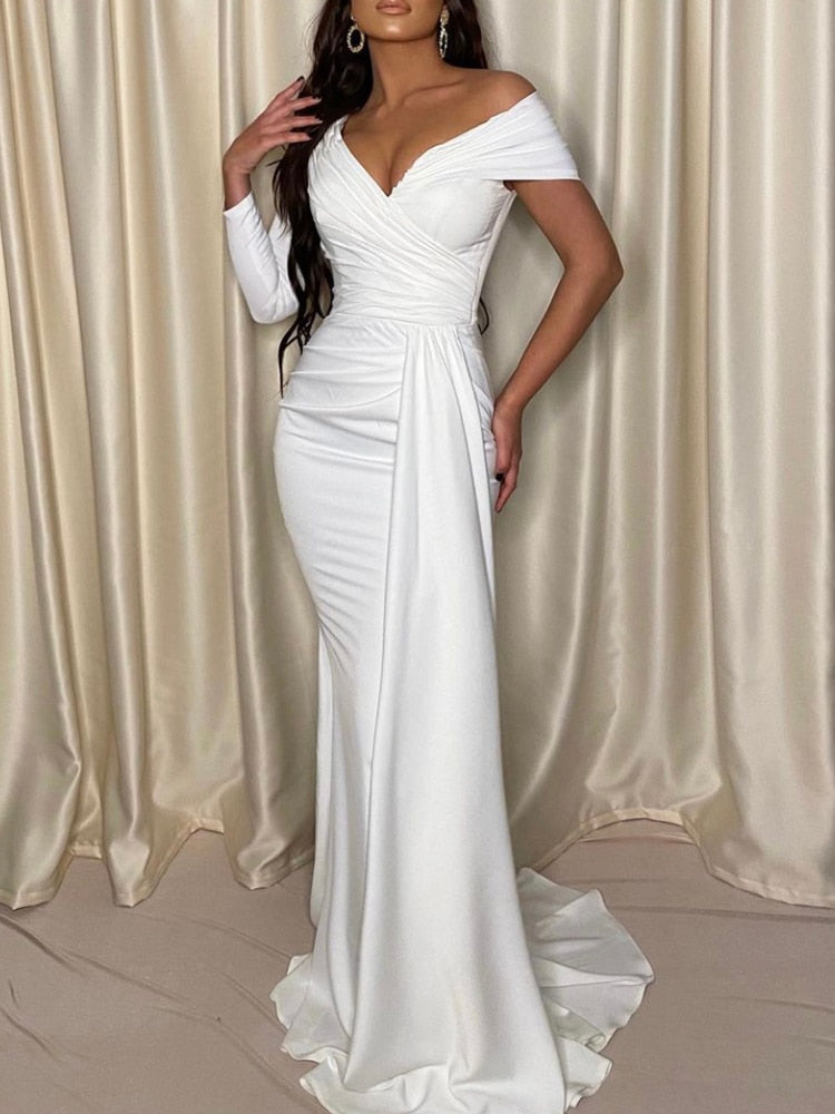 White One Sleeve Off Shoulder Long Evening Party Dress Ruched With Ribbon Floor Length Stretchy Gown - kmtell.com