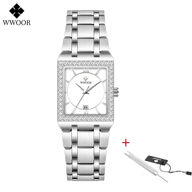 WWOOR Reloj New Fashion Ladies Diamond Watch Top Brand Luxury Square Wrist Watch Simple Women Dress Small Watch Relogio Feminino - KMTELL