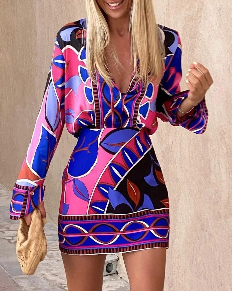 Women Printed Shorts Two Piece Set V Neck Half Sleeve Blouse And Shorts Summer Casual Suit With Belt - kmtell.com