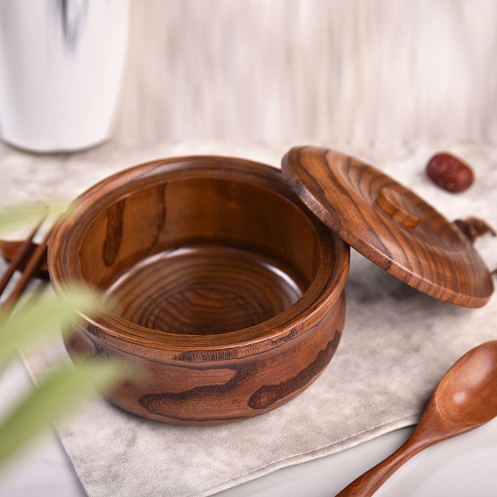 Salad Bowl Japanese Solid Wood Bowl with Lid Wooden Bowl Salad Fruit Bowl Salad Bowl Fruit Serving Bowl Food Container With Lid - kmtell.com