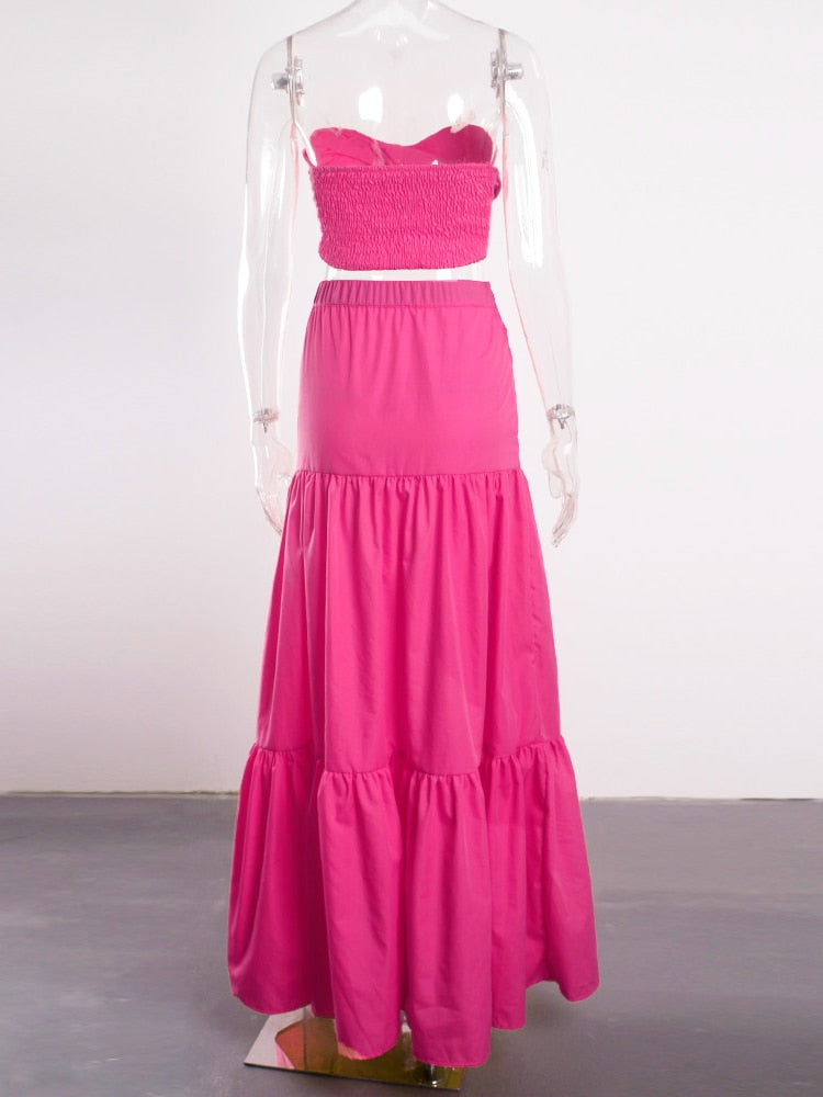 Strapless Crop Tops And A Line High Waist Skirt for Women Summer Wear Ruffled Pleated Sleeveless - kmtell.com