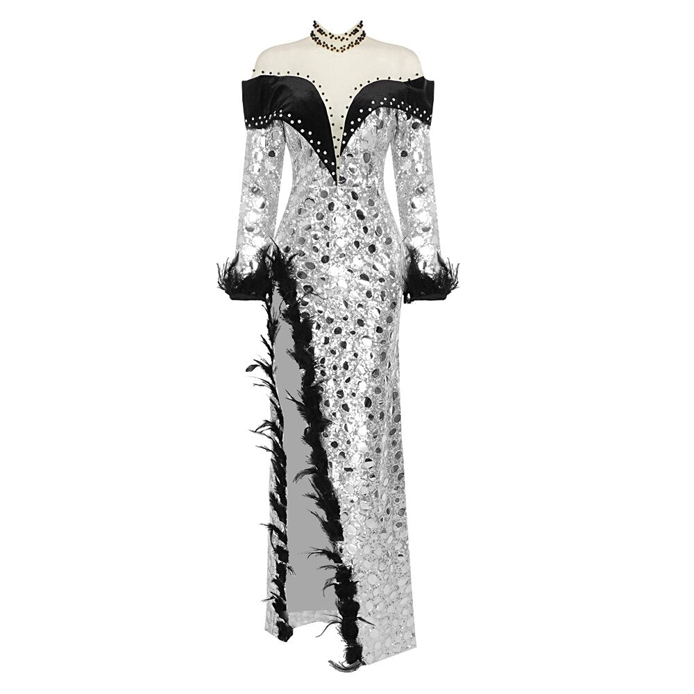 VC Woman Elegant Long Evening Dresses 2022 Summer New Fashion Chic Feathers Sequins Designer Sexy Femme Vestidos - kmtell.com