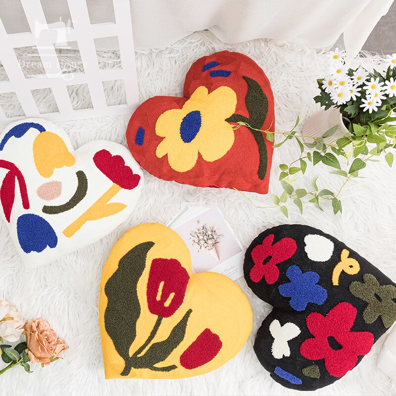Decoration Pillow Love Heart Shape Embroidery Red Yellow White Black Floral Cushion Soft for Party Festival Sofa Chair Car - kmtell.com