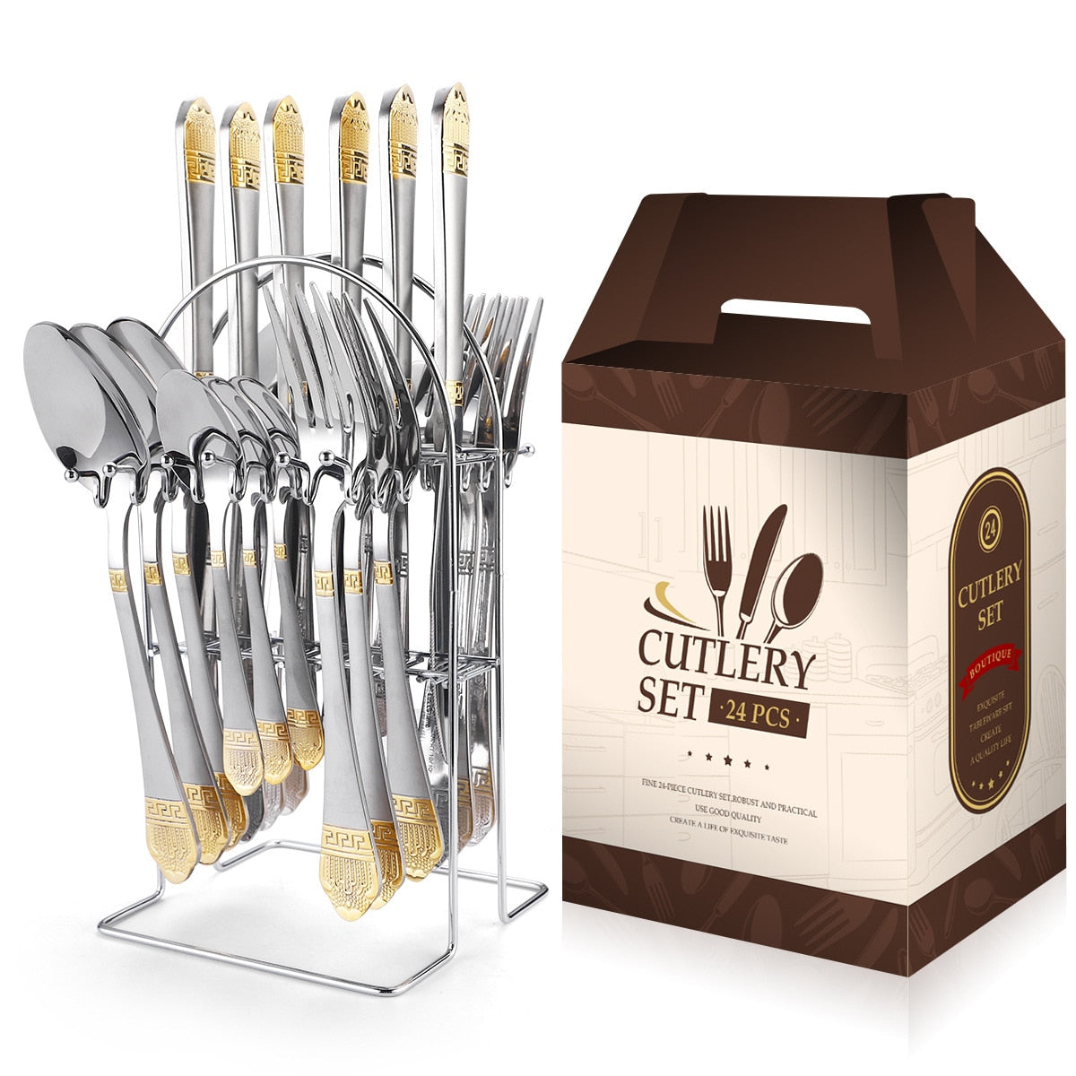 24 Pcs Stainless Steel Cutlery Hammer Pattern Ceramic Handle Knife Fork Spoon Set cutlery set travel cutlery set flatware set - kmtell.com