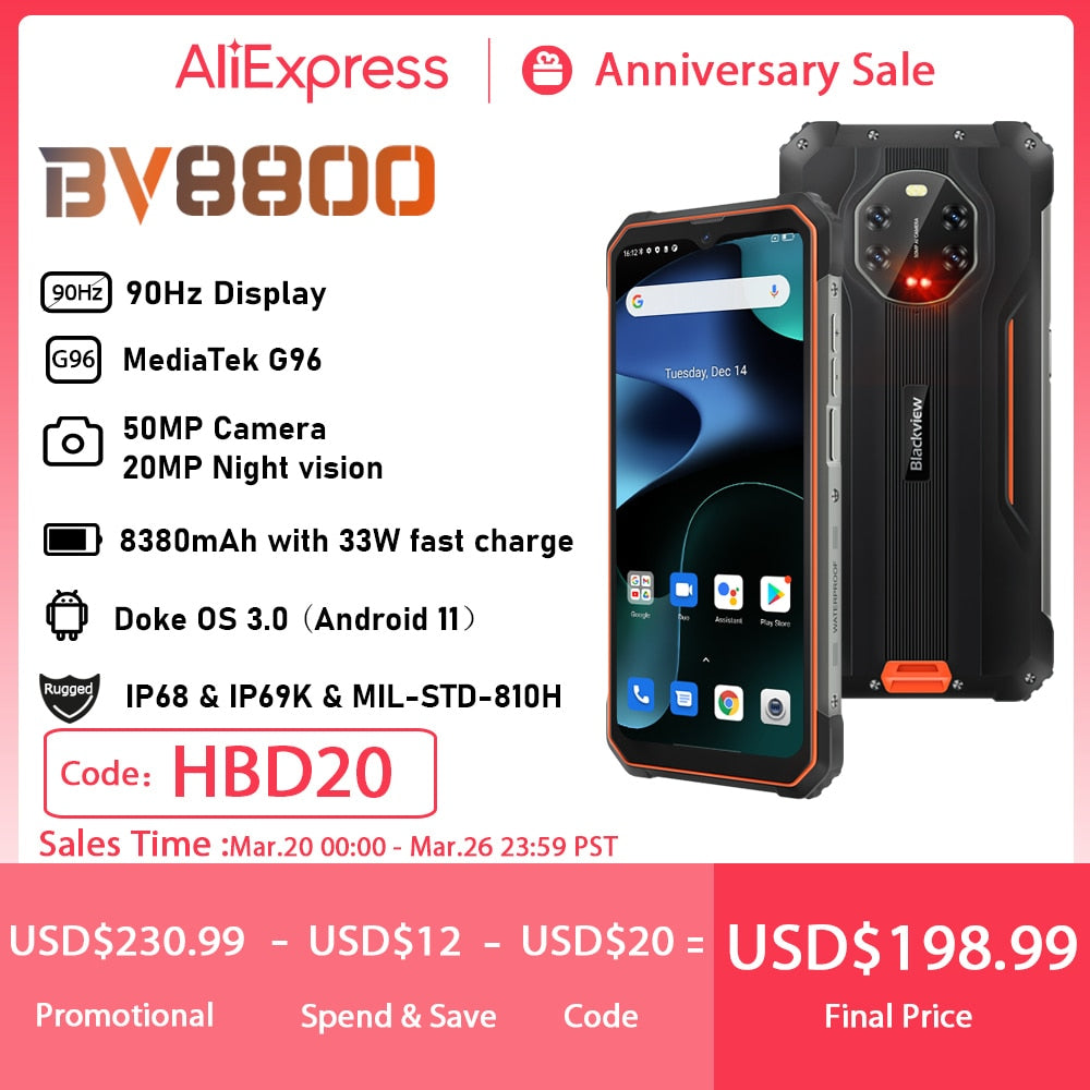 [In Stock] BLACKVIEW BV8800 Rugged Smartphone 90Hz Display 8GB+128GB Helio G96 8380mAh 50MP Camera  Mobile Phone Global Version - kmtell.com