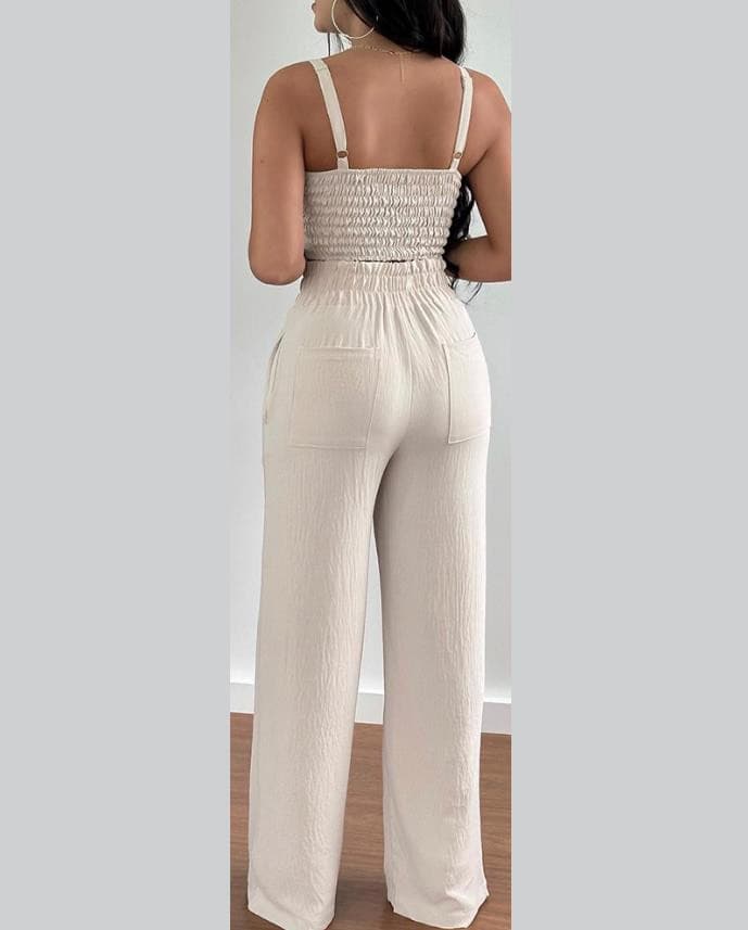 Two Piece Sets Womens Outifits Summer Fashion Shirred Plain V-Neck Sleeveless Crop Top &amp; Casual Pocket Design Wide Leg Pants Set - kmtell.com